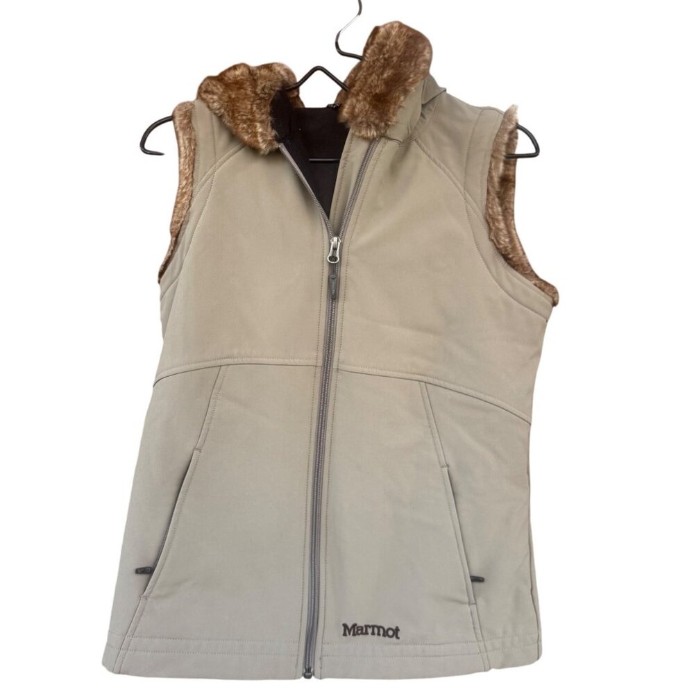 Marmot Womens Hooded Faux Fur Trim Beige Vest M